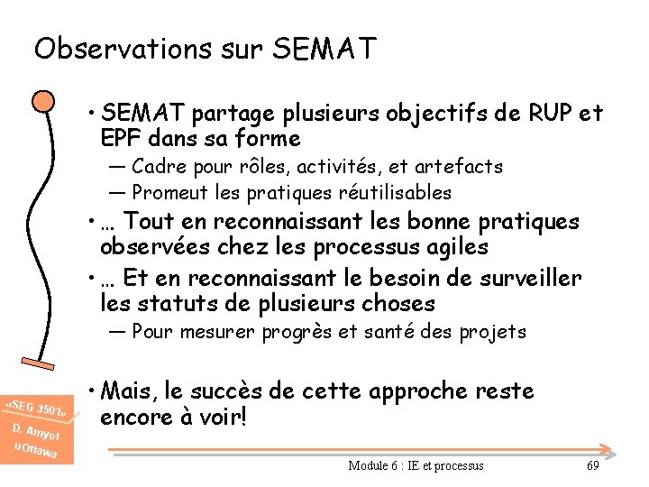 Observations sur SEMAT • SEMAT partage plusieurs objectifs de RUP et EPF dans sa