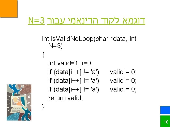 N=3 דוגמא לקוד הדינאמי עבור int is. Valid. No. Loop(char *data, int N=3) {