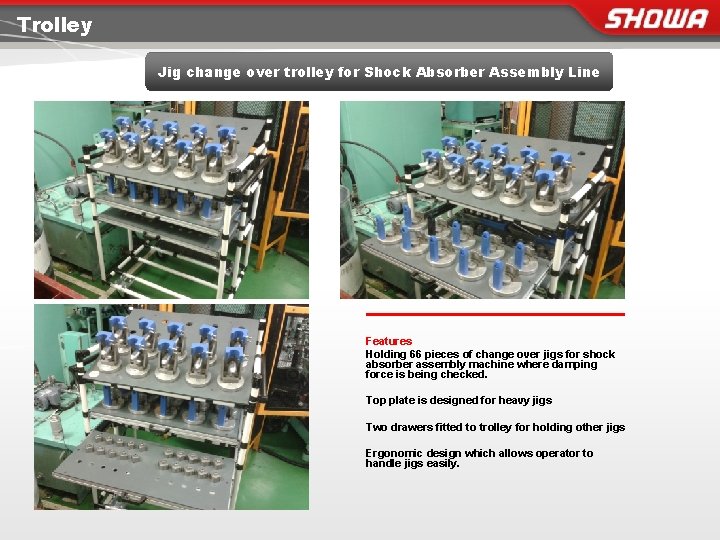 Trolley Jig change over trolley for Shock Absorber Assembly Line Features Holding 66 pieces