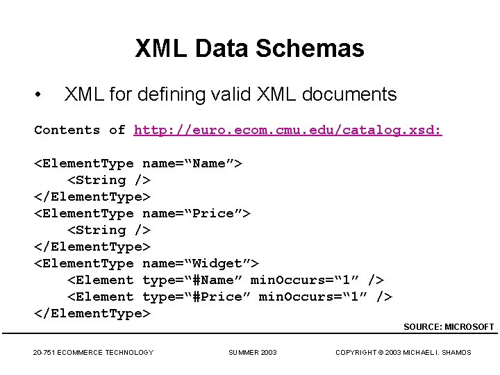 XML Data Schemas • XML for defining valid XML documents Contents of http: //euro.