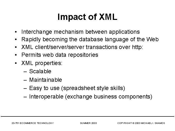 Impact of XML • • • Interchange mechanism between applications Rapidly becoming the database