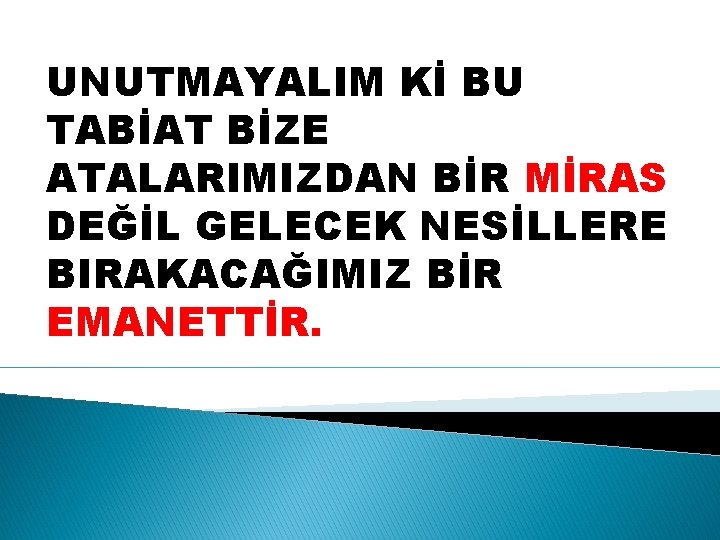 UNUTMAYALIM Kİ BU TABİAT BİZE ATALARIMIZDAN BİR MİRAS DEĞİL GELECEK NESİLLERE BIRAKACAĞIMIZ BİR EMANETTİR.
