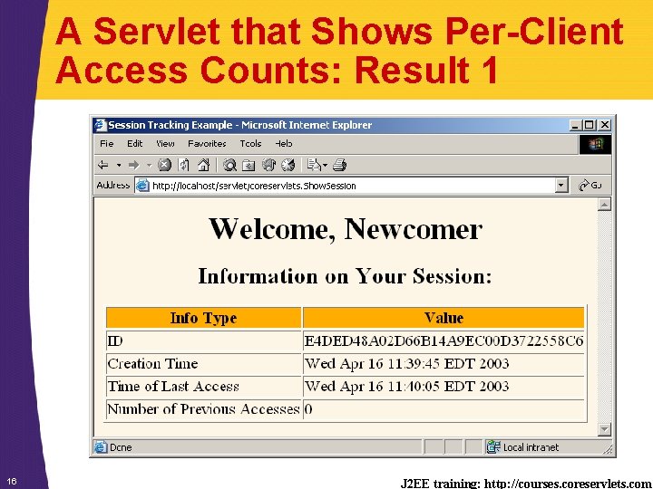 A Servlet that Shows Per-Client Access Counts: Result 1 16 J 2 EE training: