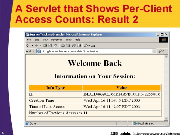 A Servlet that Shows Per-Client Access Counts: Result 2 17 J 2 EE training: