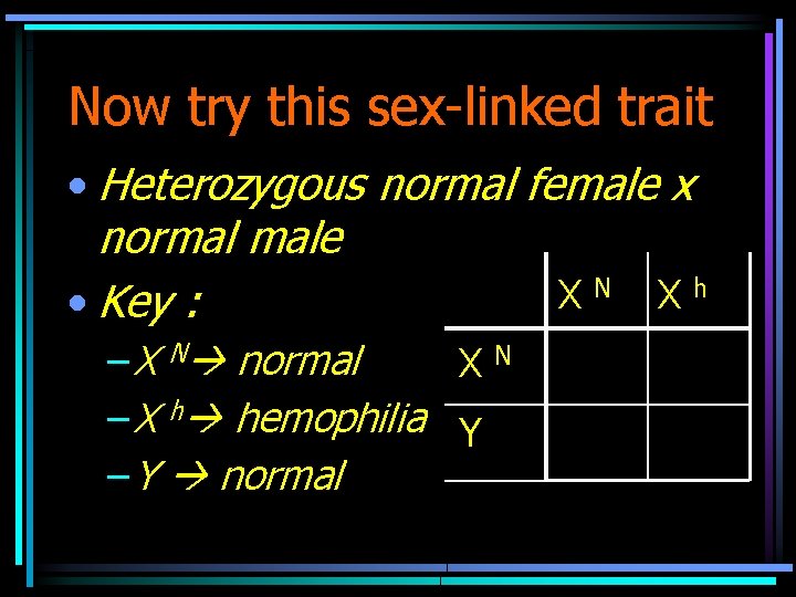 Now try this sex-linked trait • Heterozygous normal female x normal male N h