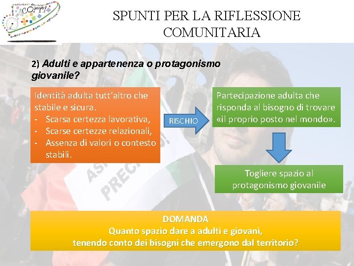 SPUNTI PER LA RIFLESSIONE COMUNITARIA 2) Adulti e appartenenza o protagonismo giovanile? Identità adulta