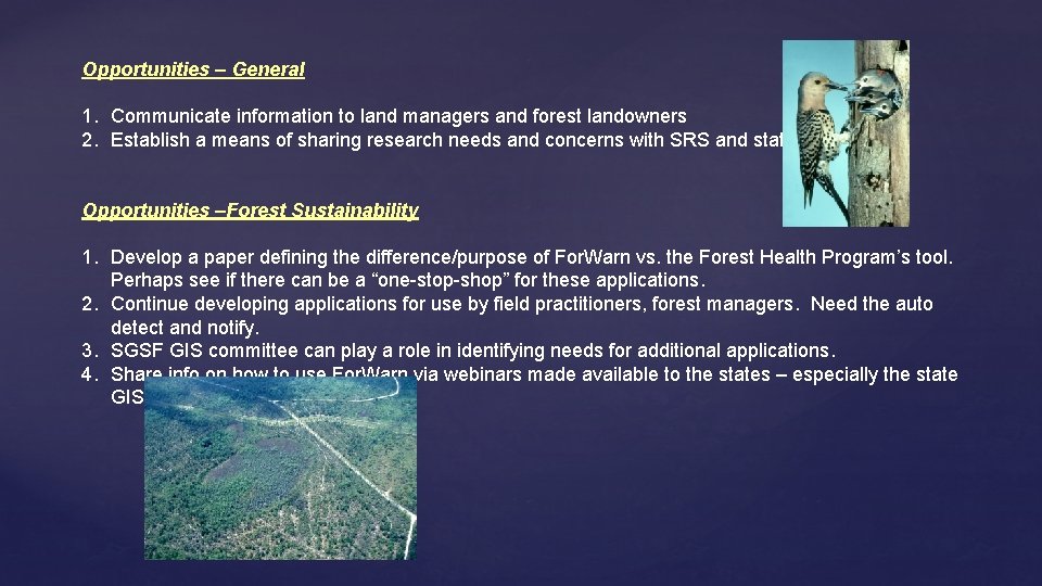 Opportunities – General 1. Communicate information to land managers and forest landowners 2. Establish