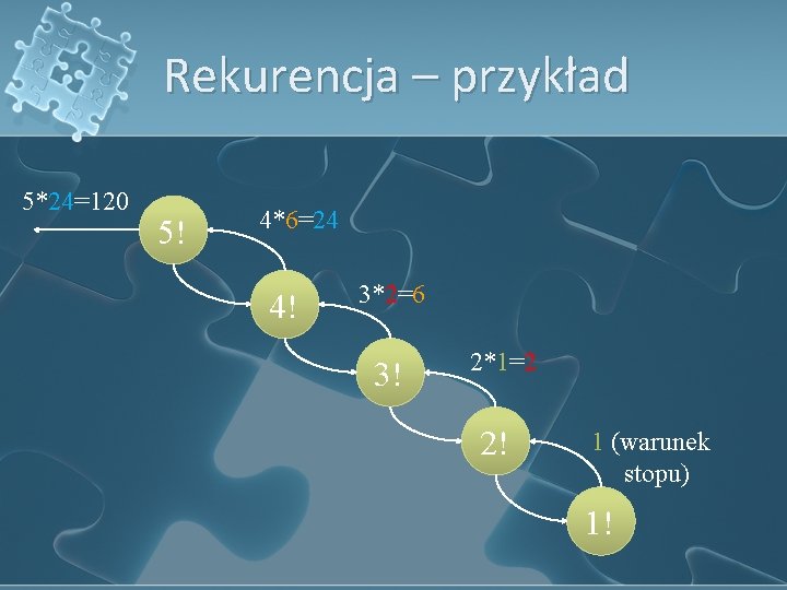 Rekurencja – przykład 5*24=120 5! 4*6=24 4! 3*2=6 3! 2*1=2 2! 1 (warunek stopu)