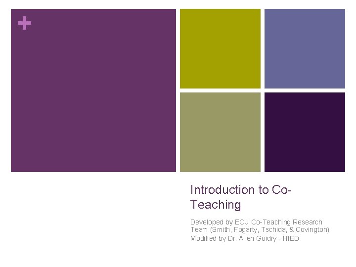 + Introduction to Co. Teaching Developed by ECU Co-Teaching Research Team (Smith, Fogarty, Tschida,