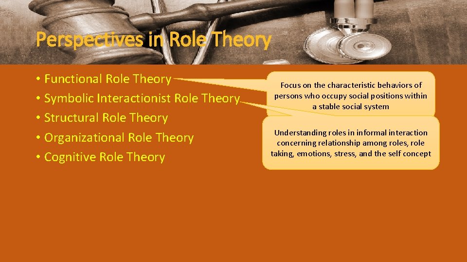 Perspectives in Role Theory • Functional Role Theory • Symbolic Interactionist Role Theory •