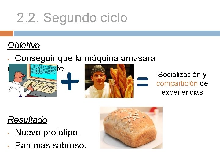 2. 2. Segundo ciclo Objetivo • Conseguir que la máquina amasara correctamente. = Resultado