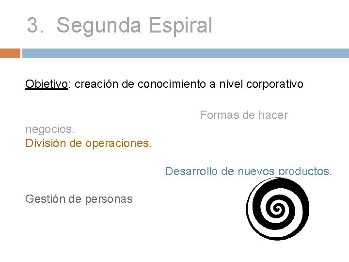 3. Segunda Espiral Objetivo: creación de conocimiento a nivel corporativo Formas de hacer negocios.