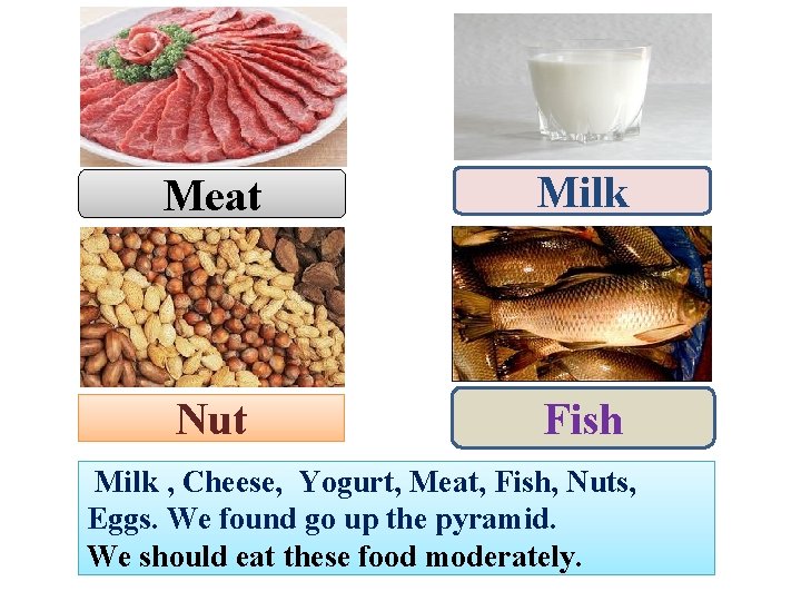 Meat Milk Nut Fish Milk , Cheese, Yogurt, Meat, Fish, Nuts, Eggs. We found