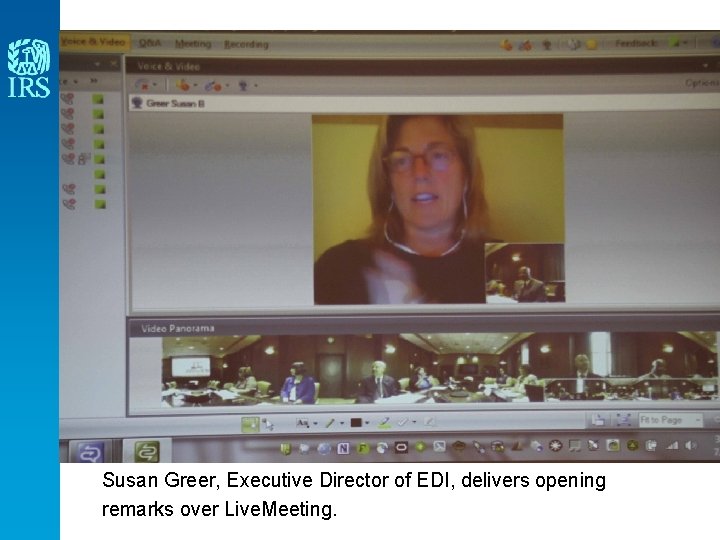 Susan Greer, Executive Director of EDI, delivers opening remarks over Live. Meeting. 