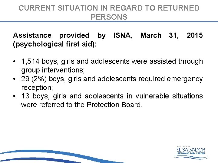 CURRENT SITUATION IN REGARD TO RETURNED PERSONS Assistance provided by (psychological first aid): ISNA,