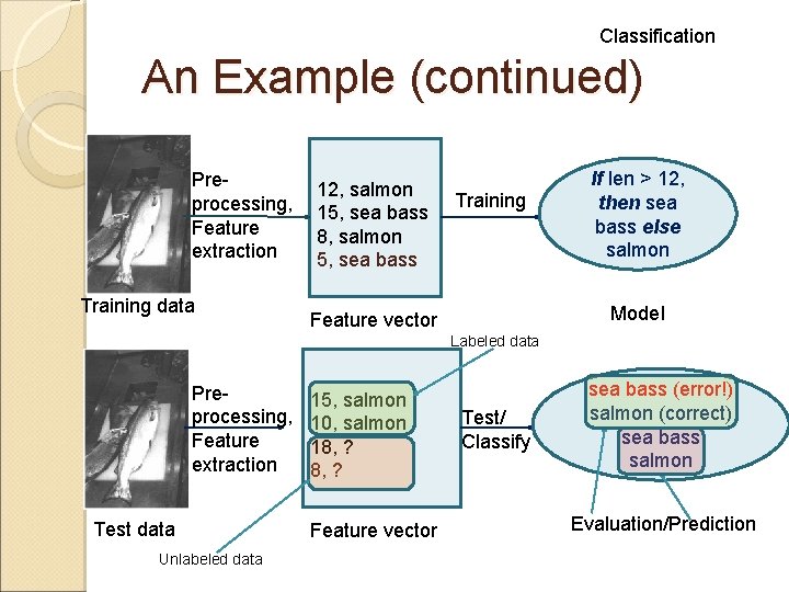 Classification An Example (continued) Preprocessing, Feature extraction Training data 12, salmon 15, sea bass Classification An Example (continued) Preprocessing, Feature extraction Training data 12, salmon 15, sea bass