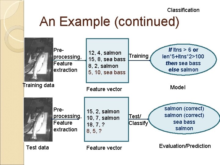 Classification An Example (continued) Preprocessing, Feature extraction Training data Preprocessing, Feature extraction Test data Classification An Example (continued) Preprocessing, Feature extraction Training data Preprocessing, Feature extraction Test data