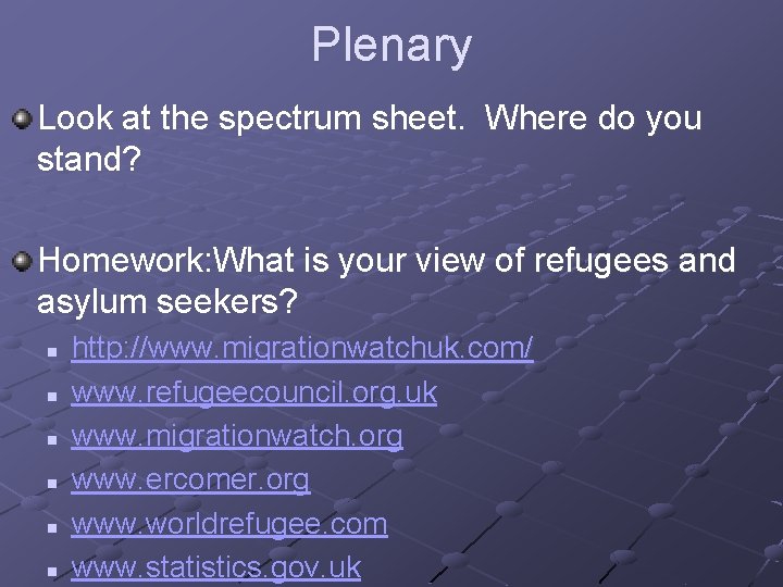 Plenary Look at the spectrum sheet. Where do you stand? Homework: What is your