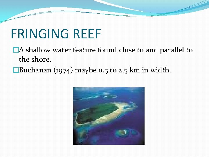FRINGING REEF �A shallow water feature found close to and parallel to the shore.
