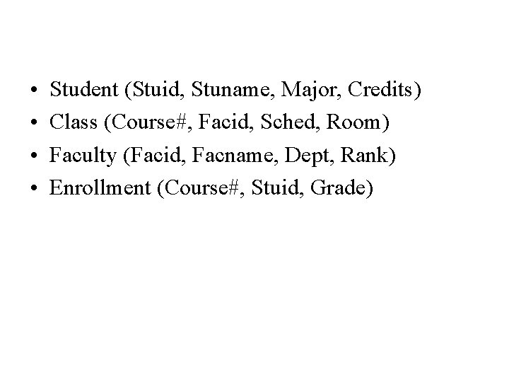  • • Student (Stuid, Stuname, Major, Credits) Class (Course#, Facid, Sched, Room) Faculty
