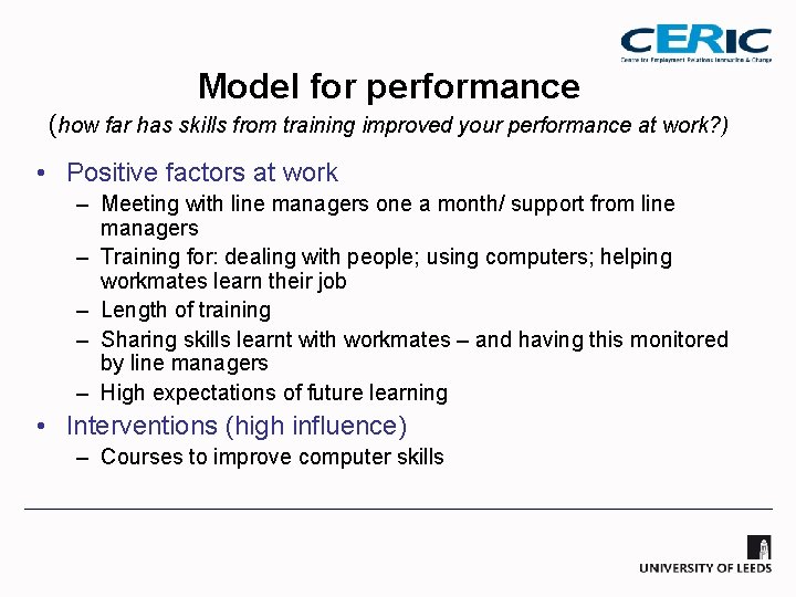 Model for performance (how far has skills from training improved your performance at work?