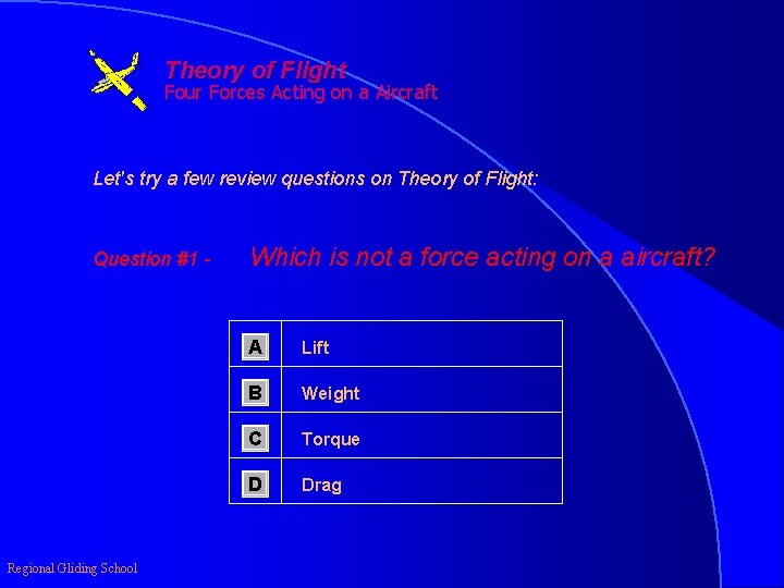 Theory of Flight Four Forces Acting on a Aircraft Let's try a few review