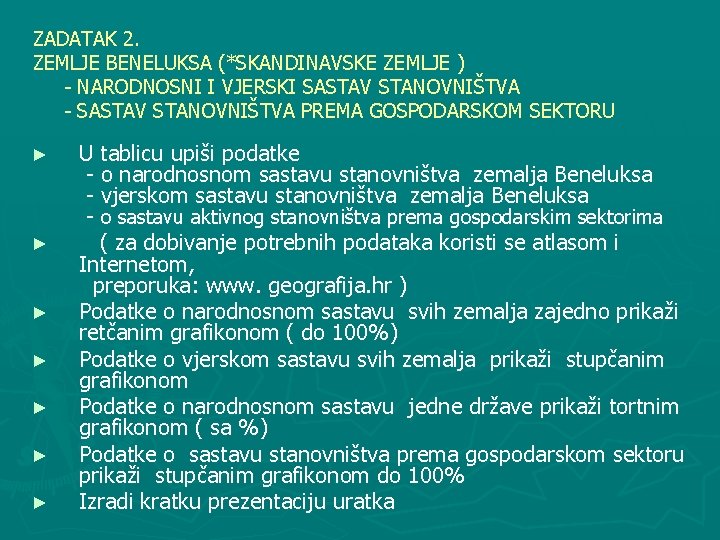 ZADATAK 2. ZEMLJE BENELUKSA (*SKANDINAVSKE ZEMLJE ) - NARODNOSNI I VJERSKI SASTAV STANOVNIŠTVA -