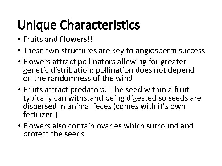 Unique Characteristics • Fruits and Flowers!! • These two structures are key to angiosperm