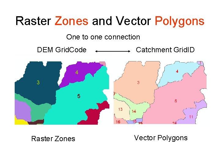 Raster Zones and Vector Polygons One to one connection DEM Grid. Code Catchment Grid.