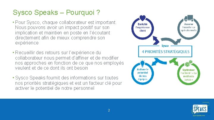 Sysco Speaks – Pourquoi ? • Pour Sysco, chaque collaborateur est important. Nous pouvons