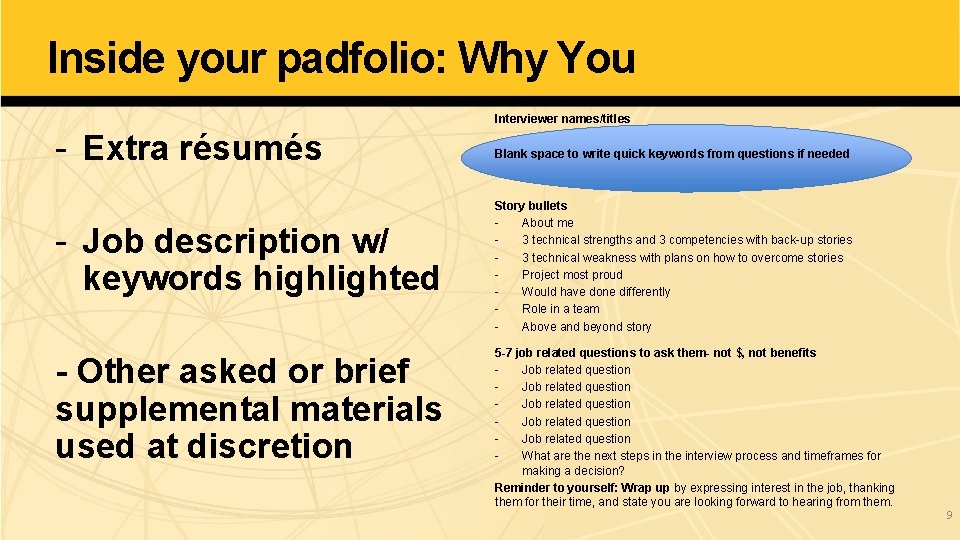 Inside your padfolio: Why You Interviewer names/titles - Extra résumés - Job description w/