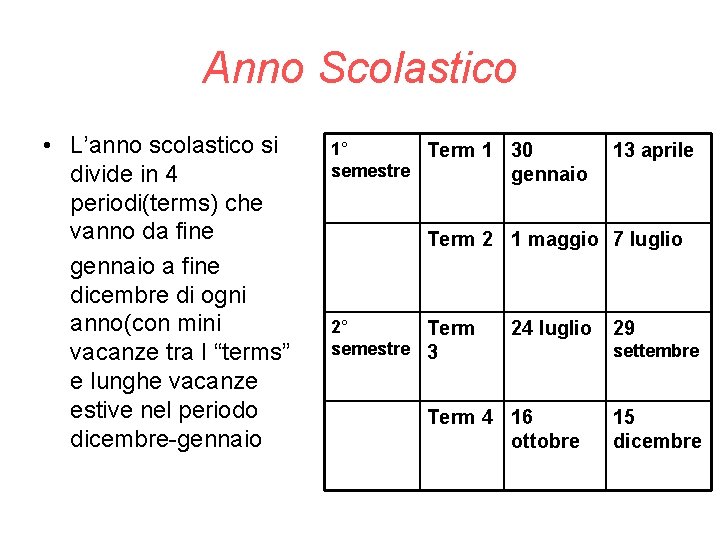 Anno Scolastico • L’anno scolastico si divide in 4 periodi(terms) che vanno da fine