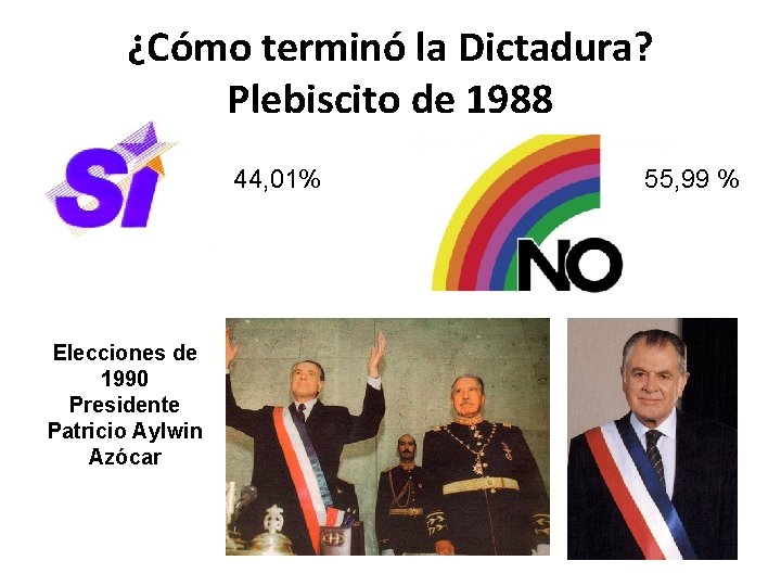 ¿Cómo terminó la Dictadura? Plebiscito de 1988 44, 01% Elecciones de 1990 Presidente Patricio ¿Cómo terminó la Dictadura? Plebiscito de 1988 44, 01% Elecciones de 1990 Presidente Patricio