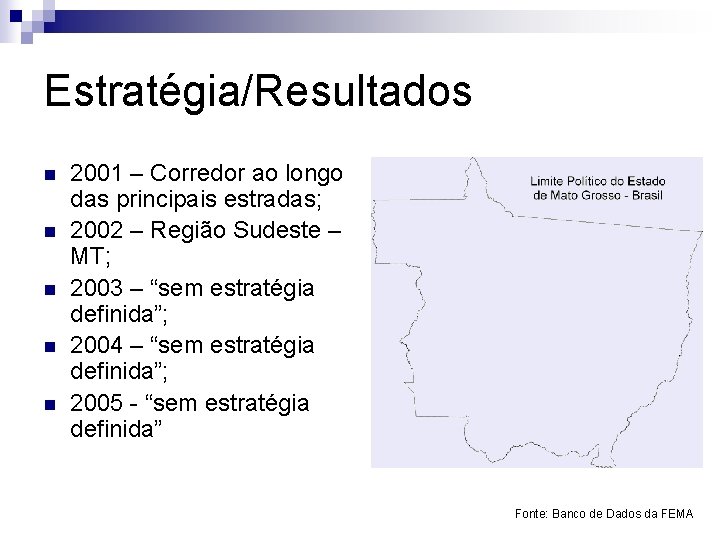 Estratégia/Resultados n n n 2001 – Corredor ao longo das principais estradas; 2002 –