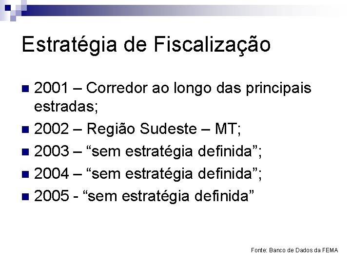 Estratégia de Fiscalização 2001 – Corredor ao longo das principais estradas; n 2002 –