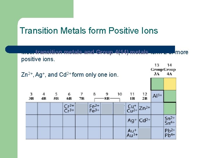 Transition Metals form Positive Ions Most transition metals and Group 4(14) metals form 2