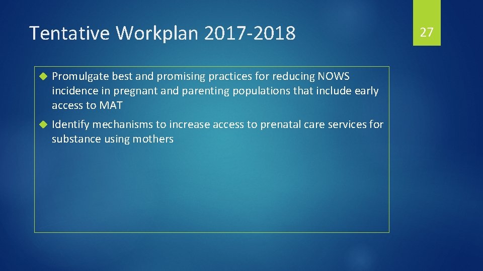 Tentative Workplan 2017 -2018 Promulgate best and promising practices for reducing NOWS incidence in