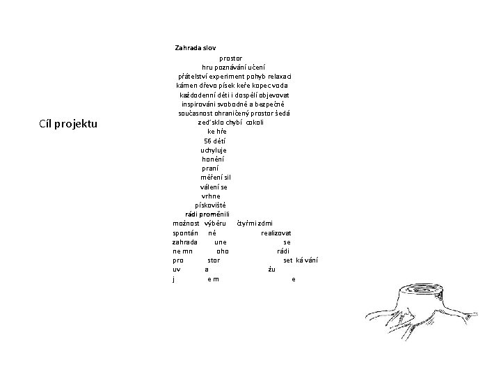 Zahrada slov Cíl projektu prostor hru poznávání učení přátelství experiment pohyb relaxaci kámen dřevo