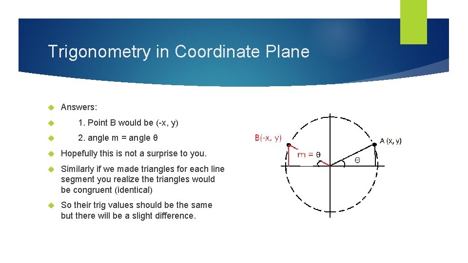 Trigonometry in Coordinate Plane Answers: 1. Point B would be (-x, y) 2. angle