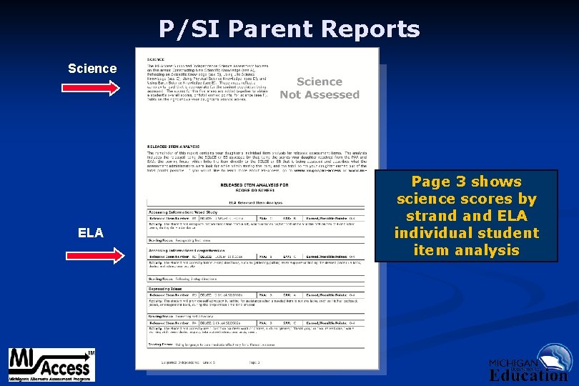 P/SI Parent Reports Science ELA Page 3 shows science scores by strand ELA individual