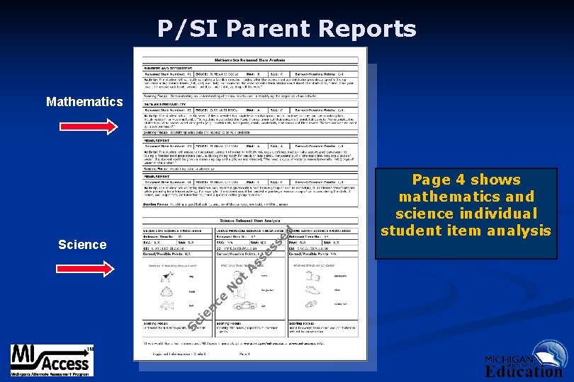 P/SI Parent Reports Mathematics Science Page 4 shows mathematics and science individual student item