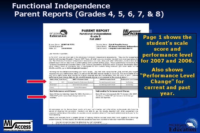 Functional Independence Parent Reports (Grades 4, 5, 6, 7, & 8) Page 1 shows