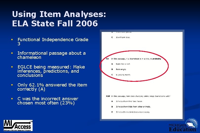 Using Item Analyses: ELA State Fall 2006 § Functional Independence Grade 3 § Informational