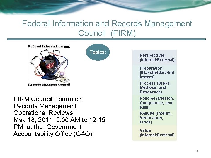 Federal Information and Records Management Council (FIRM) Topics: Perspectives (Internal/External) Preparation (Stakeholders/Ind icators) Process