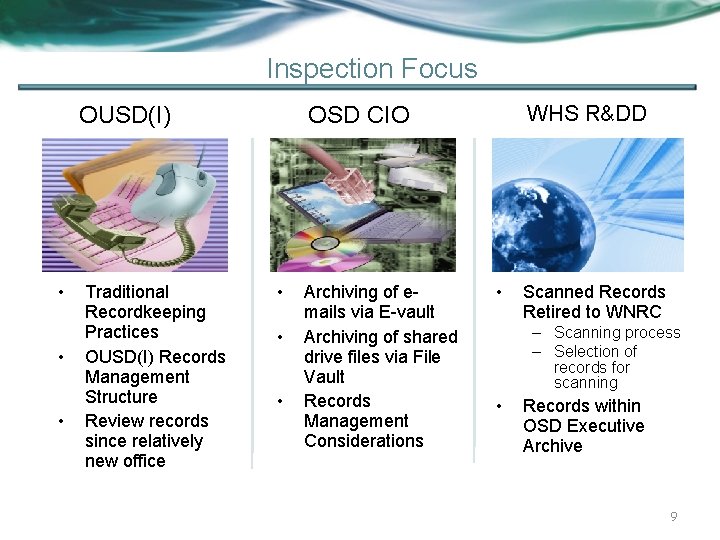 Inspection Focus OUSD(I) • • • Traditional Recordkeeping Practices OUSD(I) Records Management Structure Review