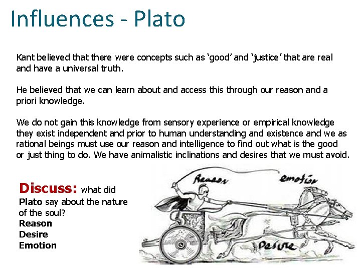 Influences - Plato Kant believed that there were concepts such as ‘good’ and ‘justice’
