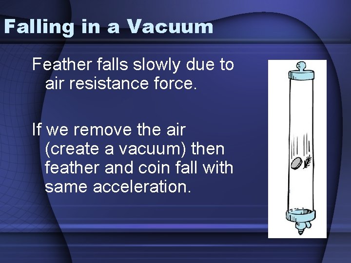 Falling in a Vacuum Feather falls slowly due to air resistance force. If we