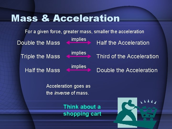 Mass & Acceleration For a given force, greater mass, smaller the acceleration Double the