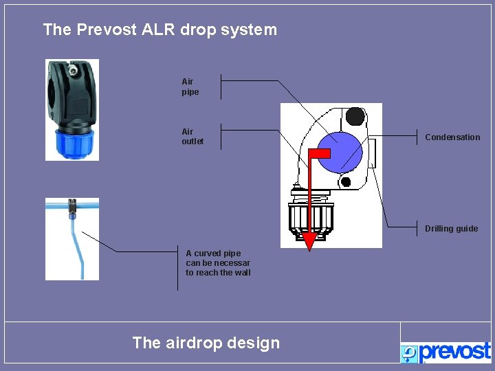 The Prevost ALR drop system Air pipe Air outlet Condensation Drilling guide A curved