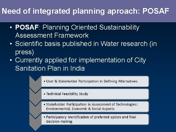 Need of integrated planning aproach: POSAF • POSAF: Planning Oriented Sustainability Assessment Framework •